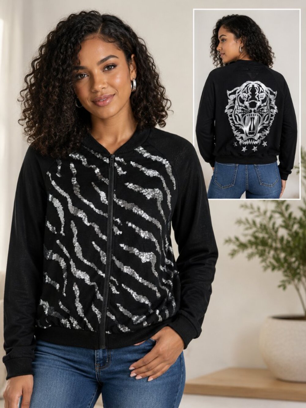 Blush Black Sequin Tiger Bomber Jacket Size Large Silver Graphic Back NWOT